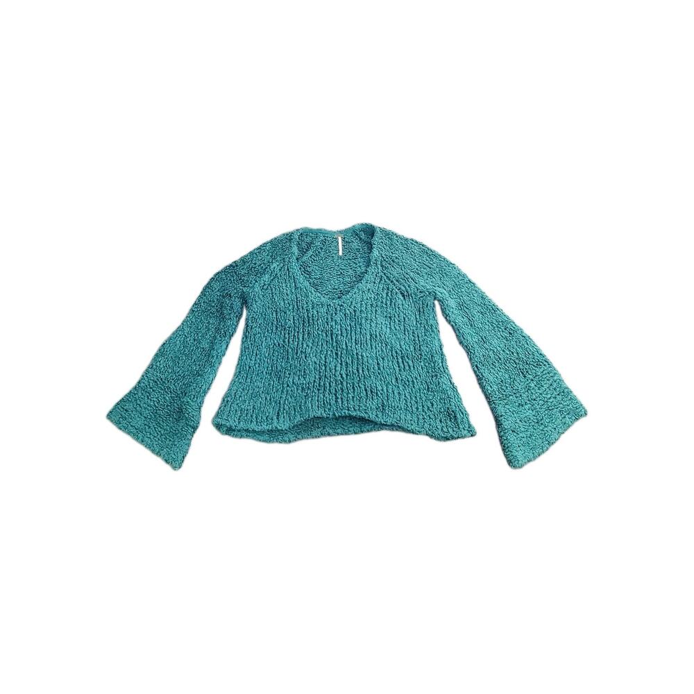 Free People Sz XS-S Sweater Womens Green Sleeve V Neck Chunky Knit Winter C13-4